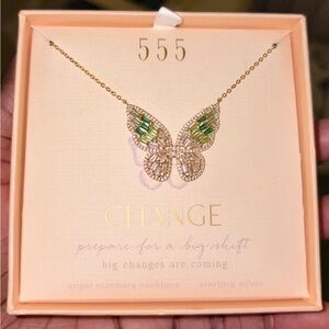 Gold Butterfly Necklace with Green Stones